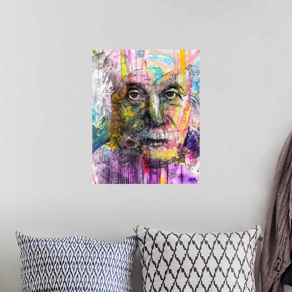 A bohemian room featuring Illustration of a man's face with colourful abstract patterns surrounding it