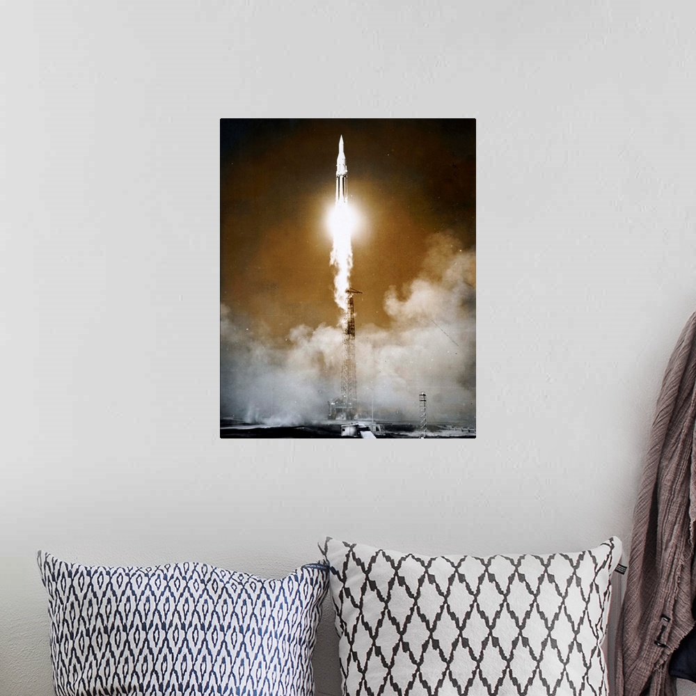 A bohemian room featuring Photograph taken during the launch of Saturn I, the United States first heavylift dedicated space...