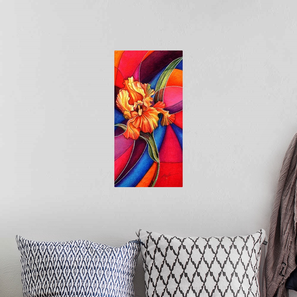 A bohemian room featuring A painting of an orange iris against a vibrant colored background in the style of stain glass.
