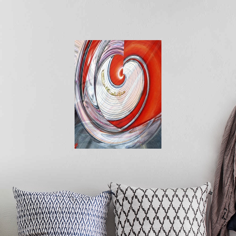 A bohemian room featuring Vertical abstract painting of vibrant colors in a spiral shape.