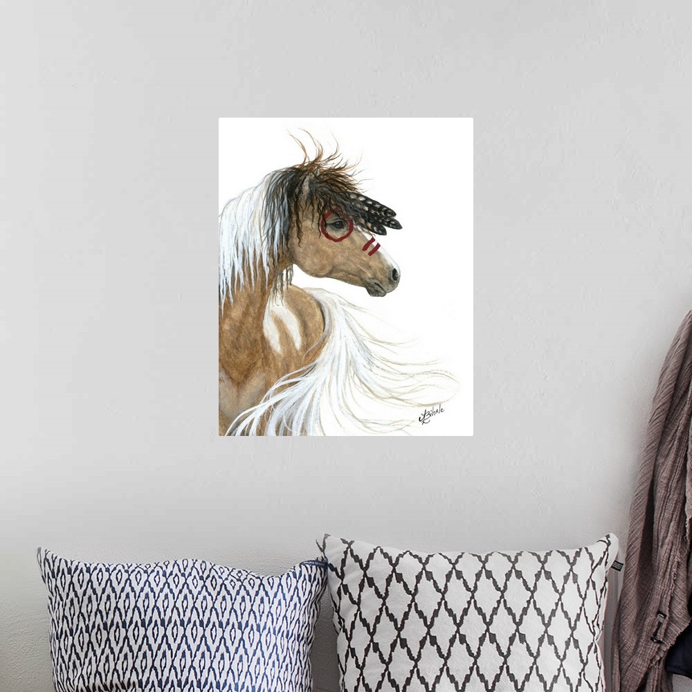 A bohemian room featuring Majestic Series of Native American inspired horse paintings of a Curly horse mare.