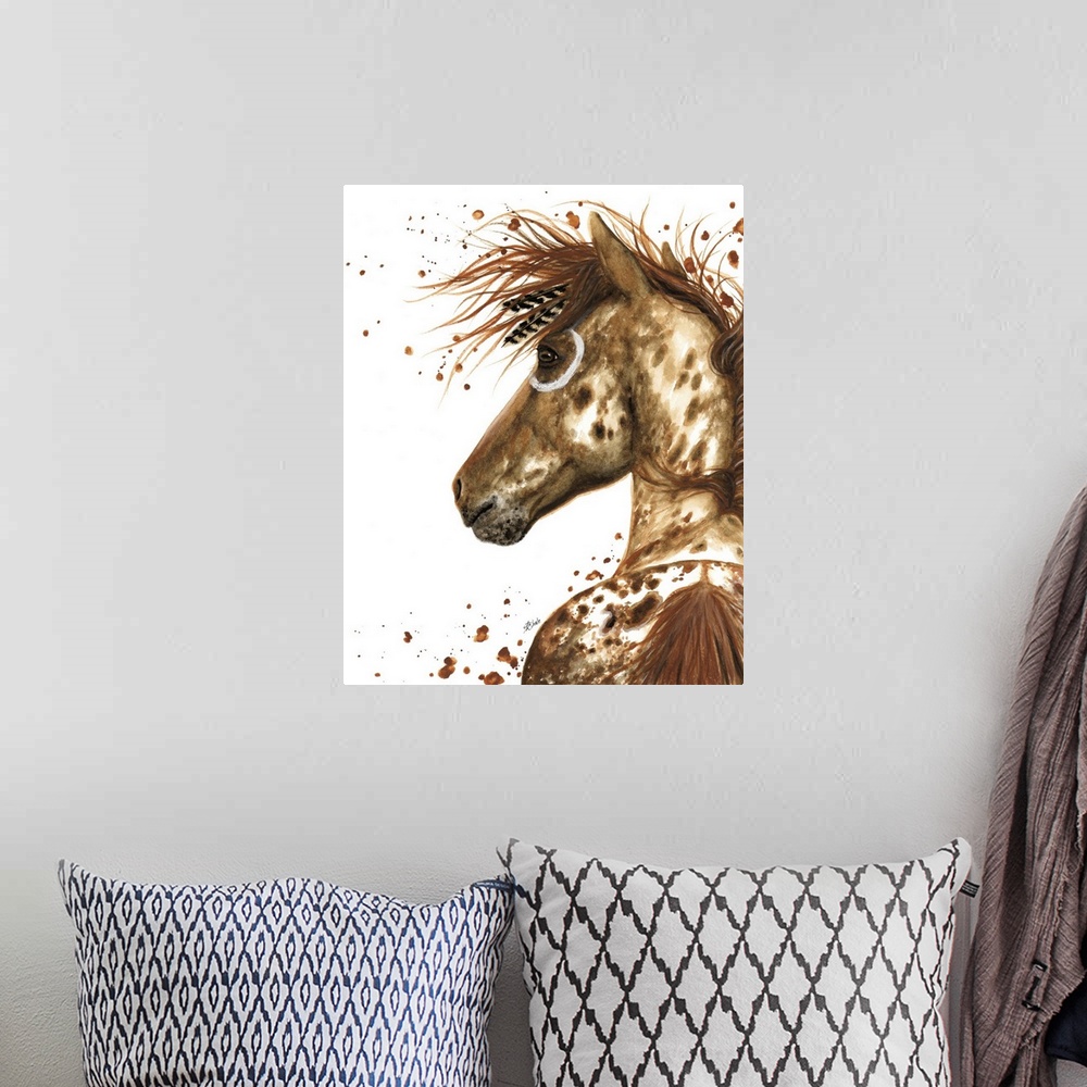 A bohemian room featuring Majestic Series of Native American inspired horse paintings of a speckled brown horse.