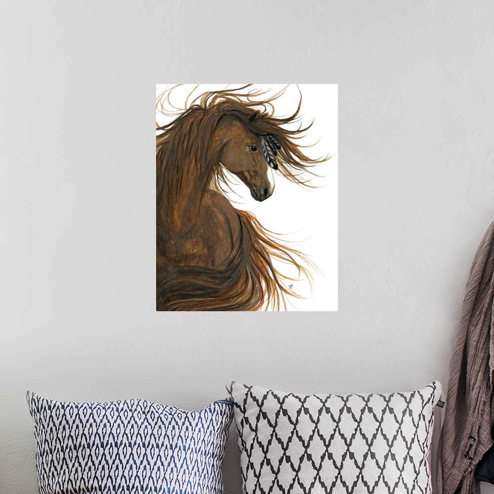 A bohemian room featuring Majestic Series of Native American inspired horse paintings of a Sorrel horse.