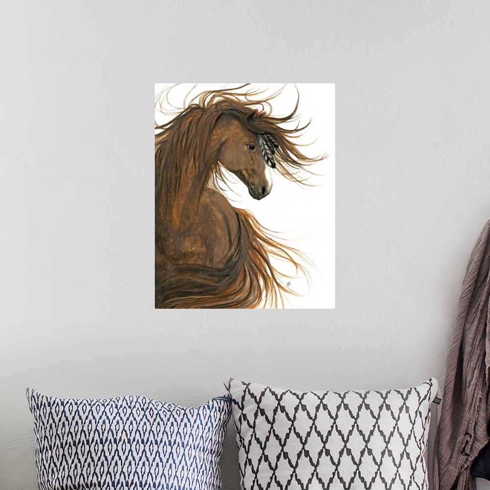 A bohemian room featuring Majestic Series of Native American inspired horse paintings of a Sorrel Horse.