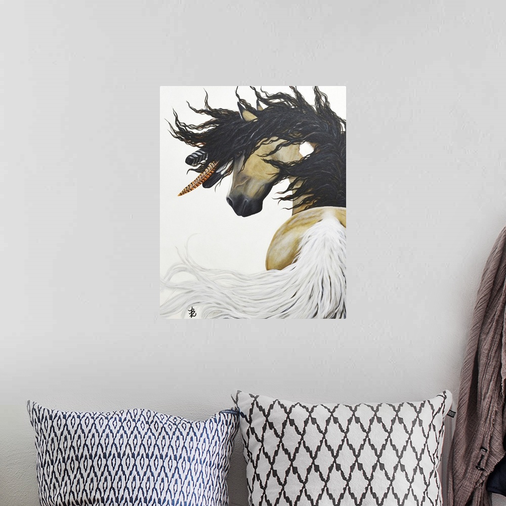 A bohemian room featuring Majestic Series of Native American inspired horse paintings. Tahalo is a curly stallion.