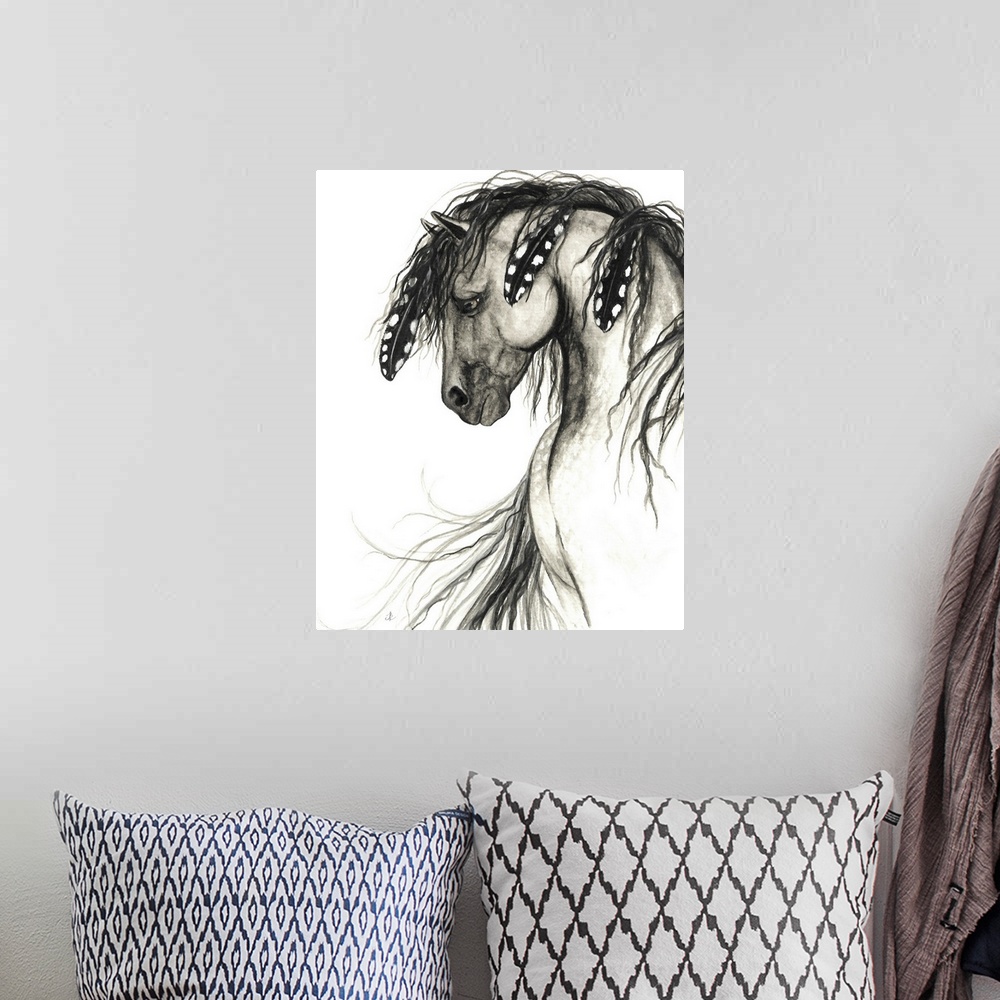 A bohemian room featuring Majestic Series of Native American inspired horse paintings.