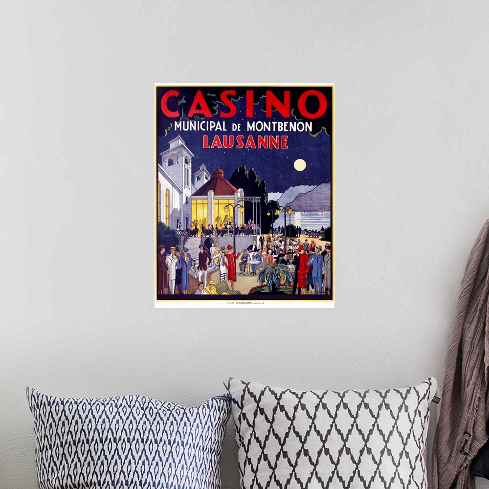 A bohemian room featuring Retro poster on canvas of an advertisement for a casino with a bunch of nicely dressed people sta...