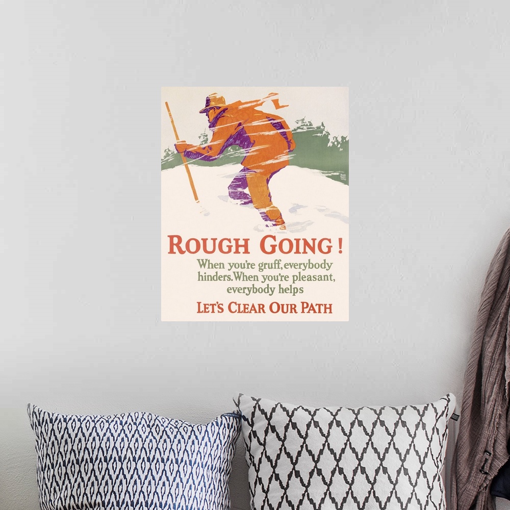 A bohemian room featuring Rough Going, Motivational, Vintage Poster