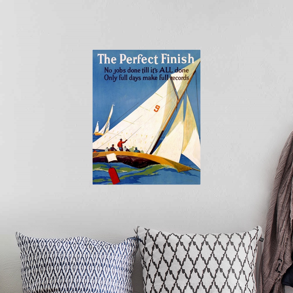 A bohemian room featuring This vertical wall art shows a painted poster of a racing sail boat rocking on the ocean as it pa...