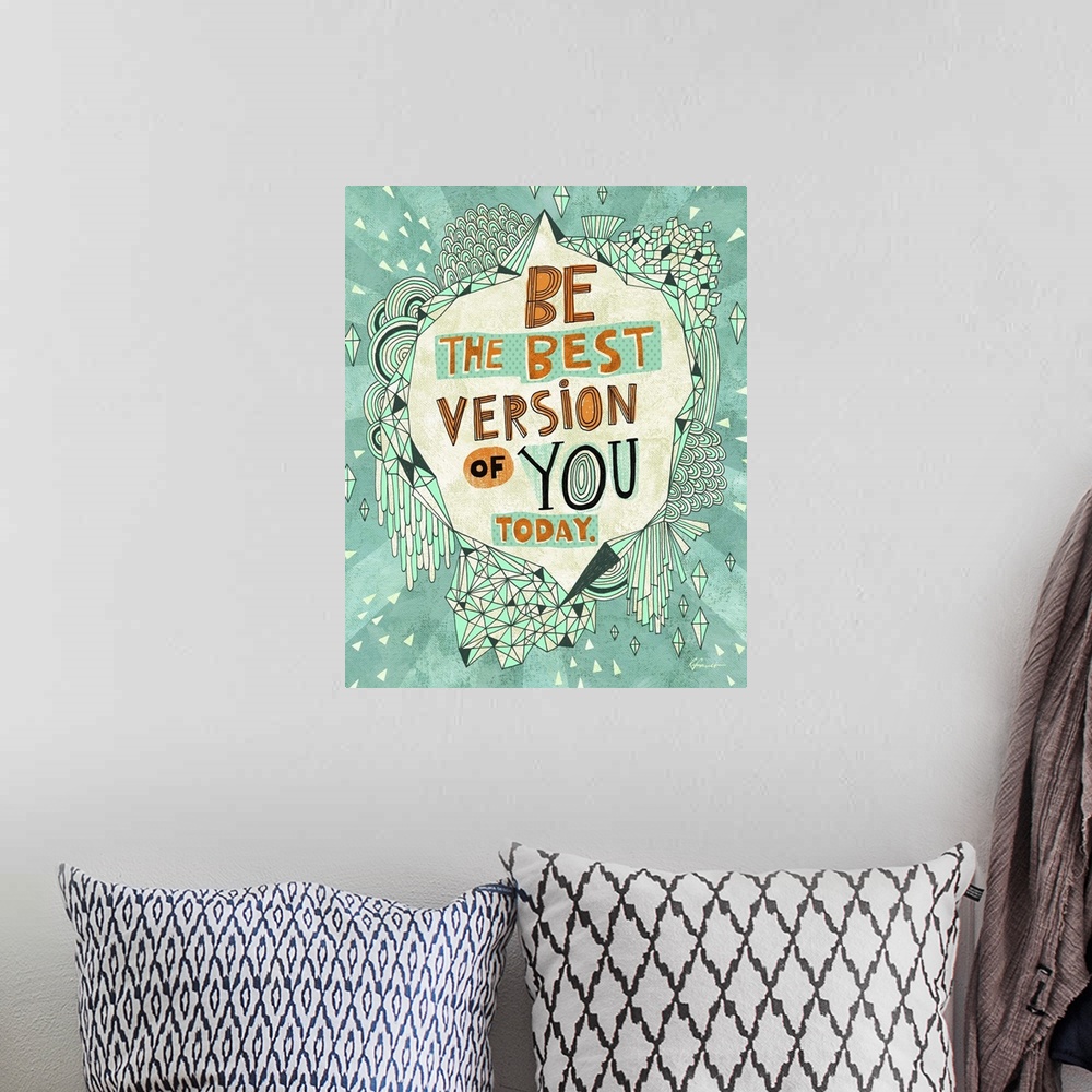 A bohemian room featuring Contemporary artwork with a retro feel of motivational text against a green background.