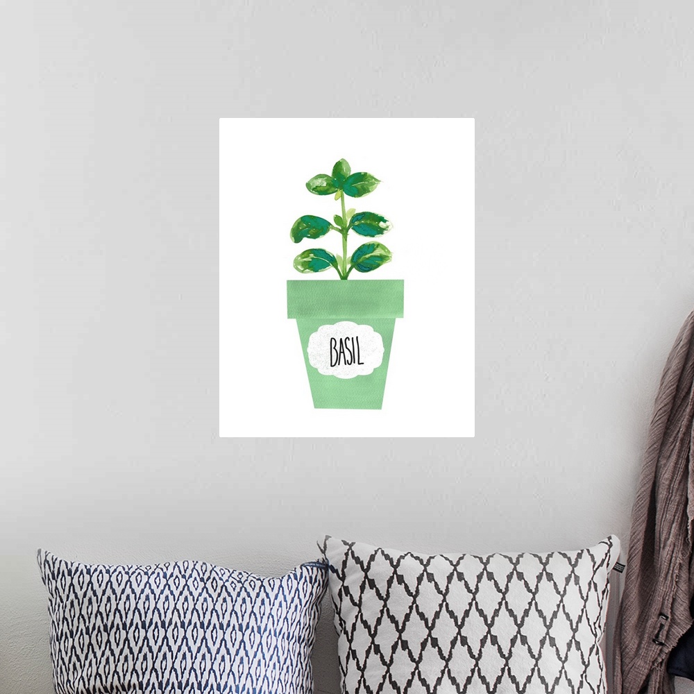 A bohemian room featuring Painting of a potted basil plant on a solid white background with a label on the green pot.