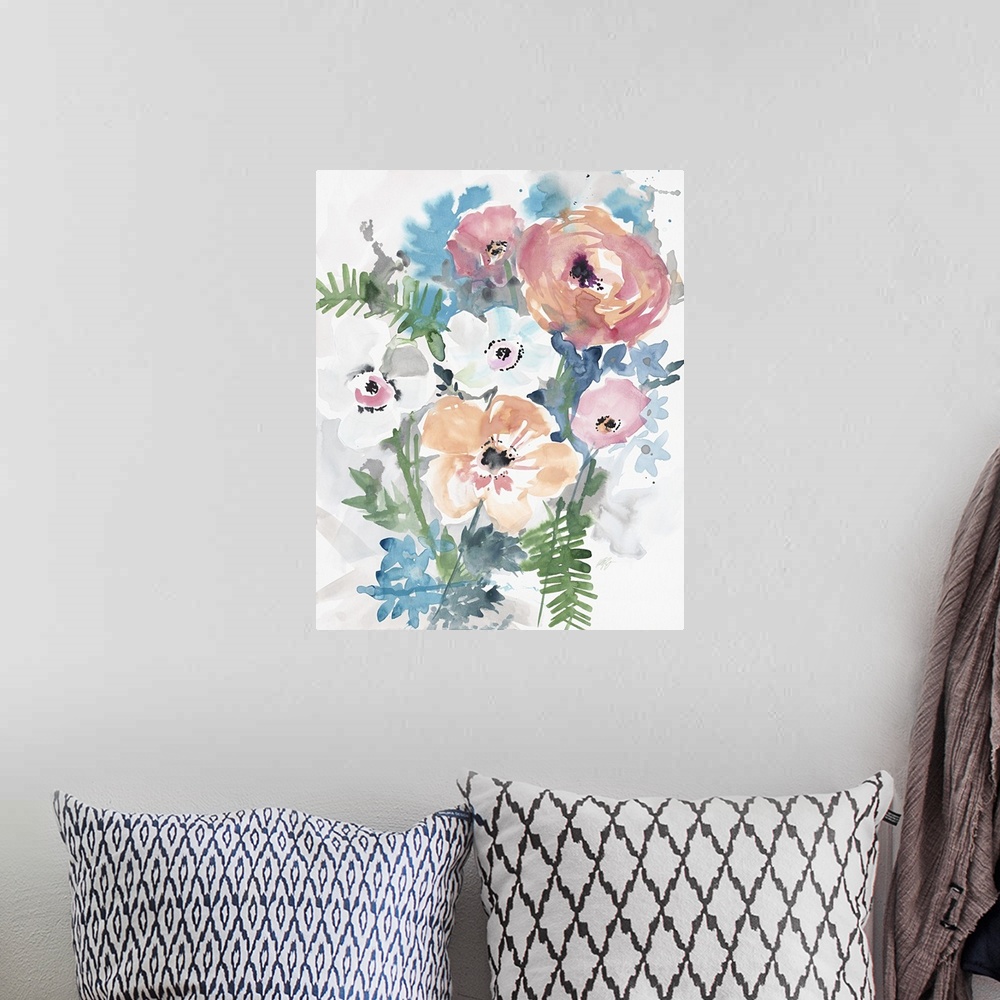 A bohemian room featuring Watercolor painting of a bouquet of white, coral, and blue flowers.