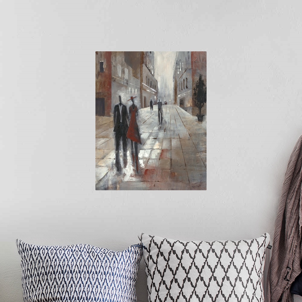 A bohemian room featuring Contemporary painting of elongated figures walking along a city street.
