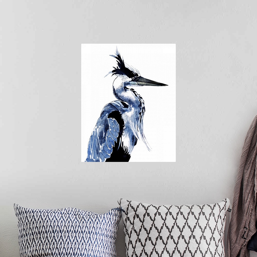 A bohemian room featuring Contemporary painting of a blue heron looking up at the sky.