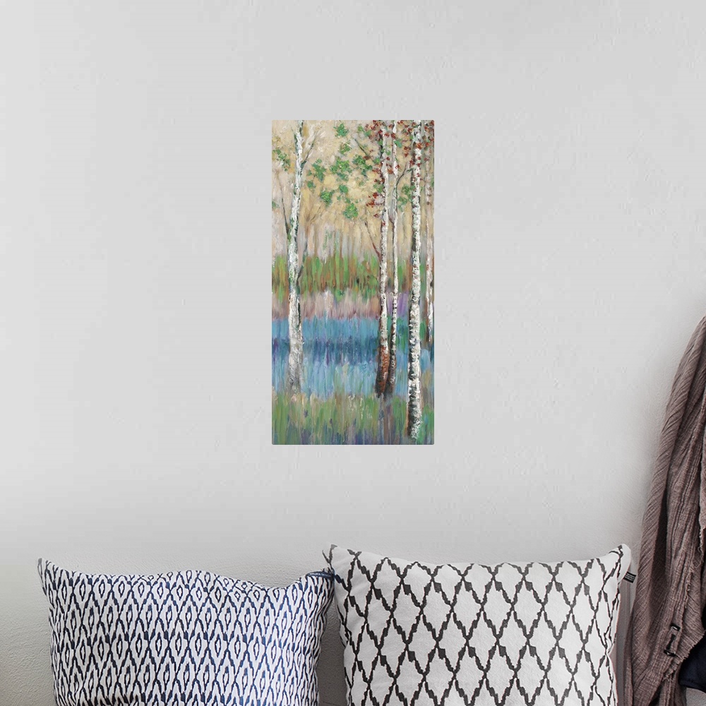 A bohemian room featuring Contemporary artwork of tall slender birch trees with a colorful forest floor.