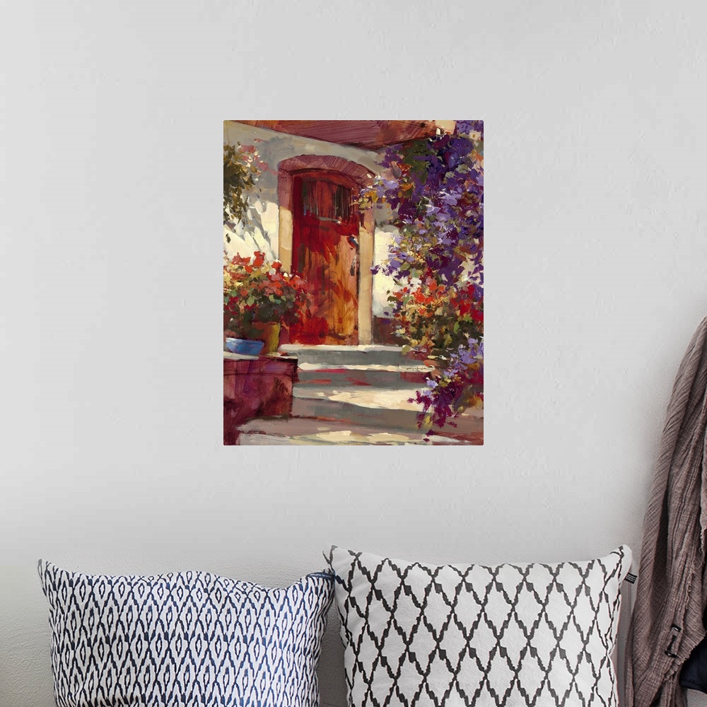 A bohemian room featuring Contemporary painting of a village house front door, with vibrant flowers all around.