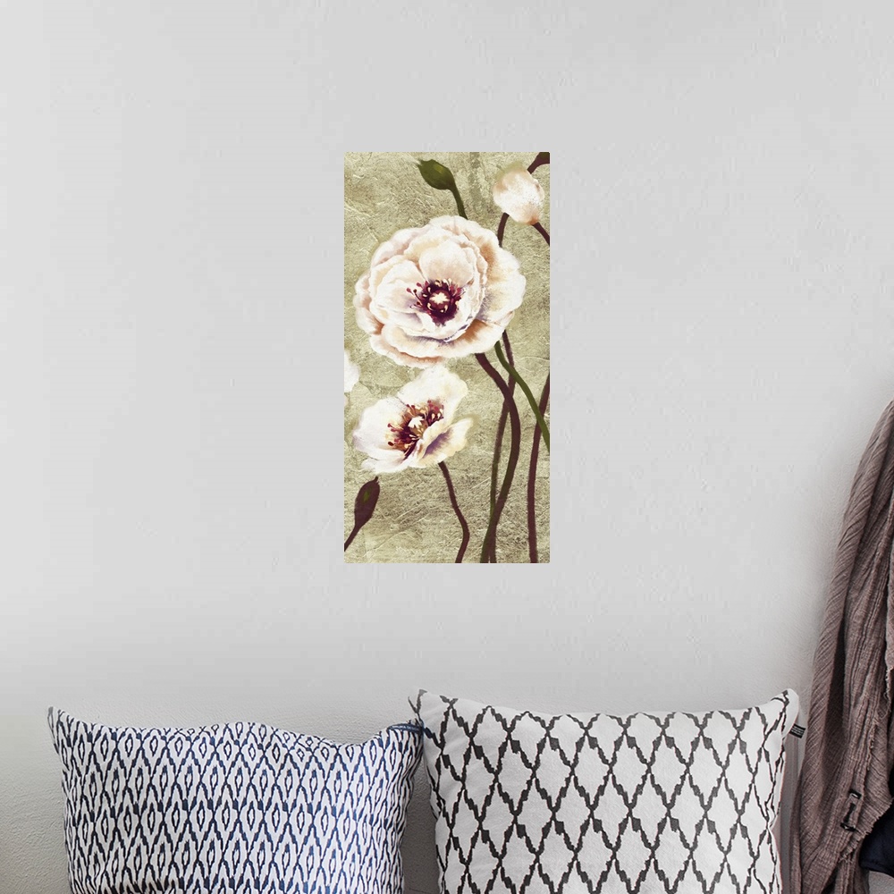 A bohemian room featuring Contemporary home decor art of soft pale pink poppies against a weathered rustic background.