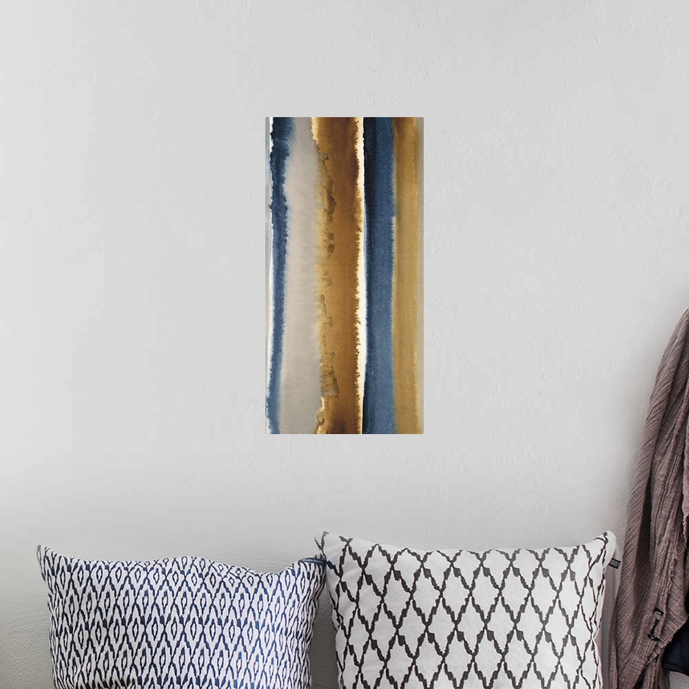 A bohemian room featuring Abstract watercolor painting with vertical stripes in brown and blue.