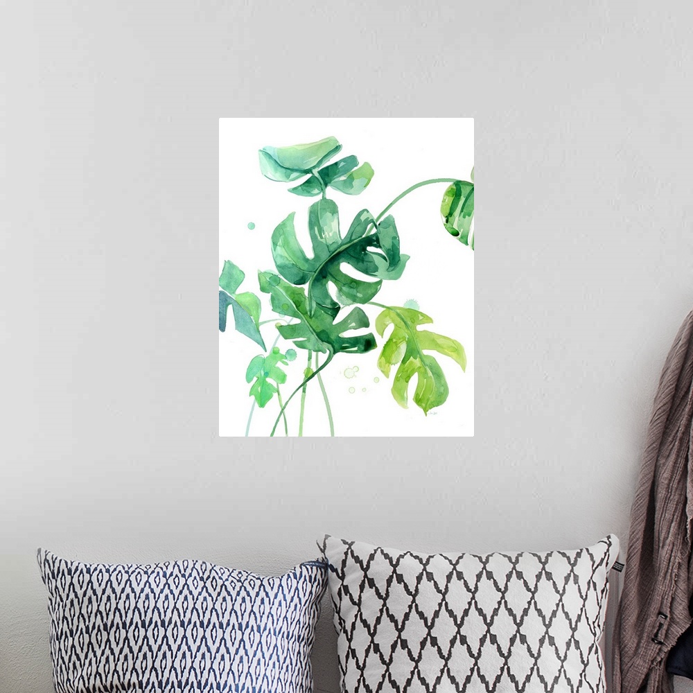 A bohemian room featuring Painting of tropical palm leaves in shades of green and blue on a white background.