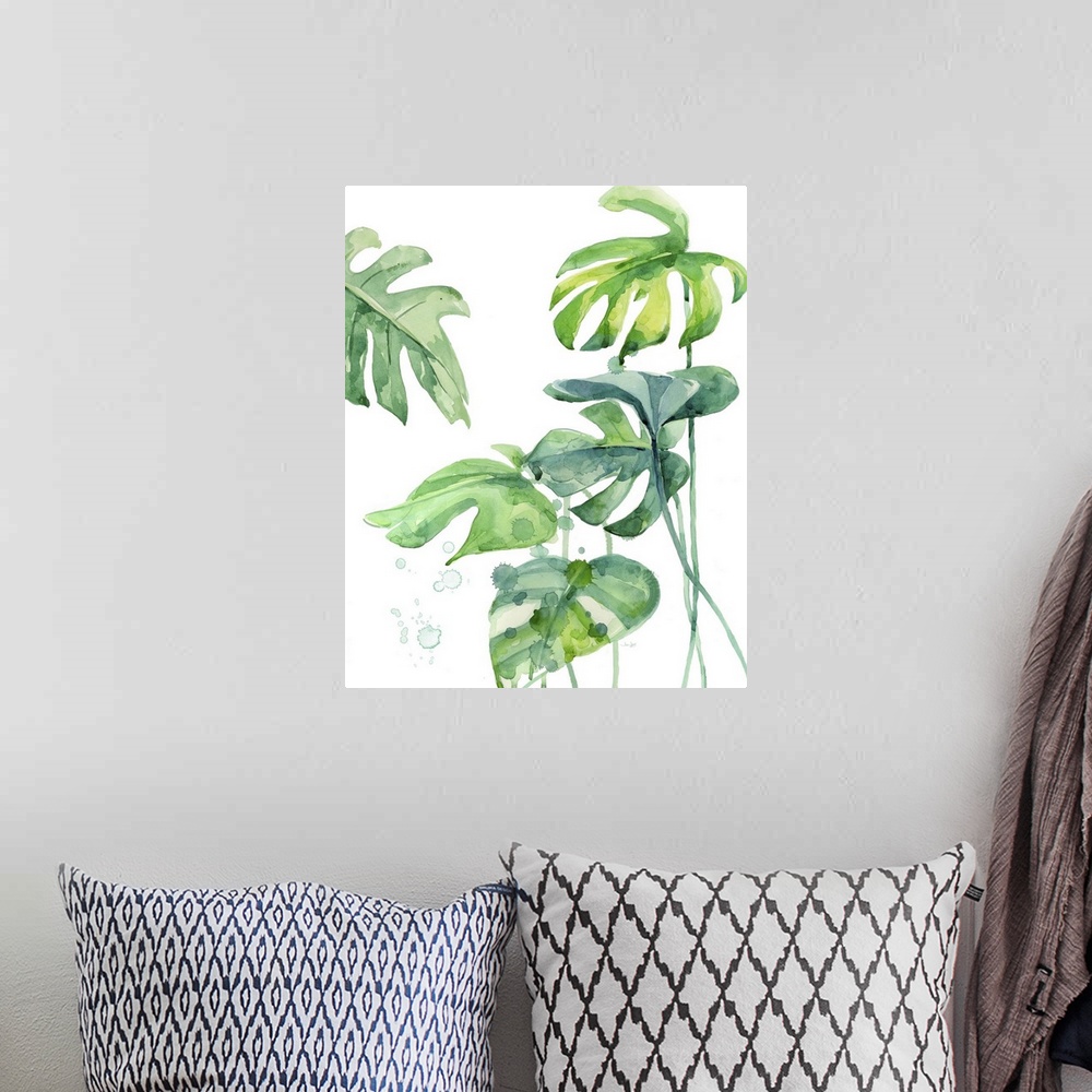 A bohemian room featuring Painting of tropical palm leaves in shades of green and blue on a white background.