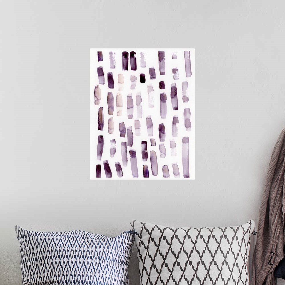 A bohemian room featuring Contemporary abstract painting of multiple vertical streaks of diluted amethyst tones.