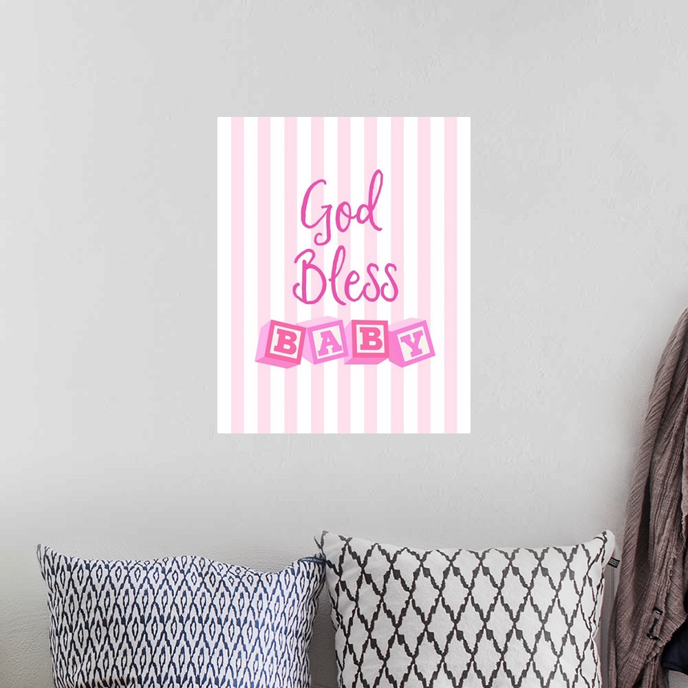 A bohemian room featuring Pink nursery art reading "God bless baby" with letter blocks on stripes.