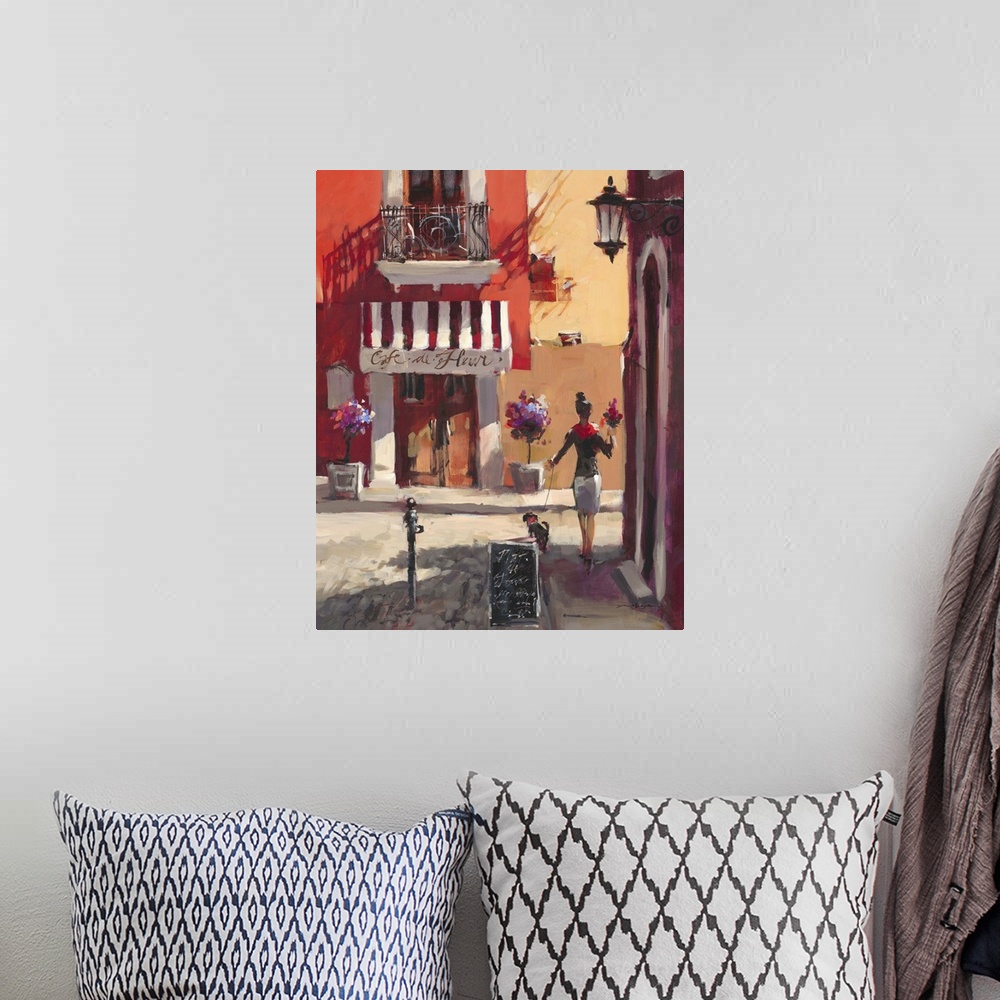 A bohemian room featuring Painting of a woman walking along a sidewalk with a small dog on a leash in colorfully in a town ...