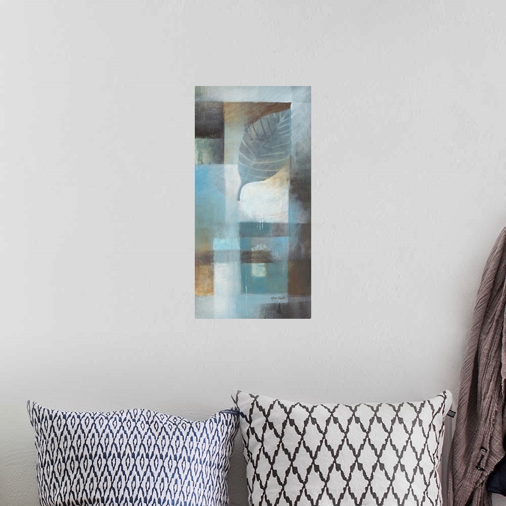 A bohemian room featuring Contemporary abstract painting of geometric shapes and leaves in cool tones.