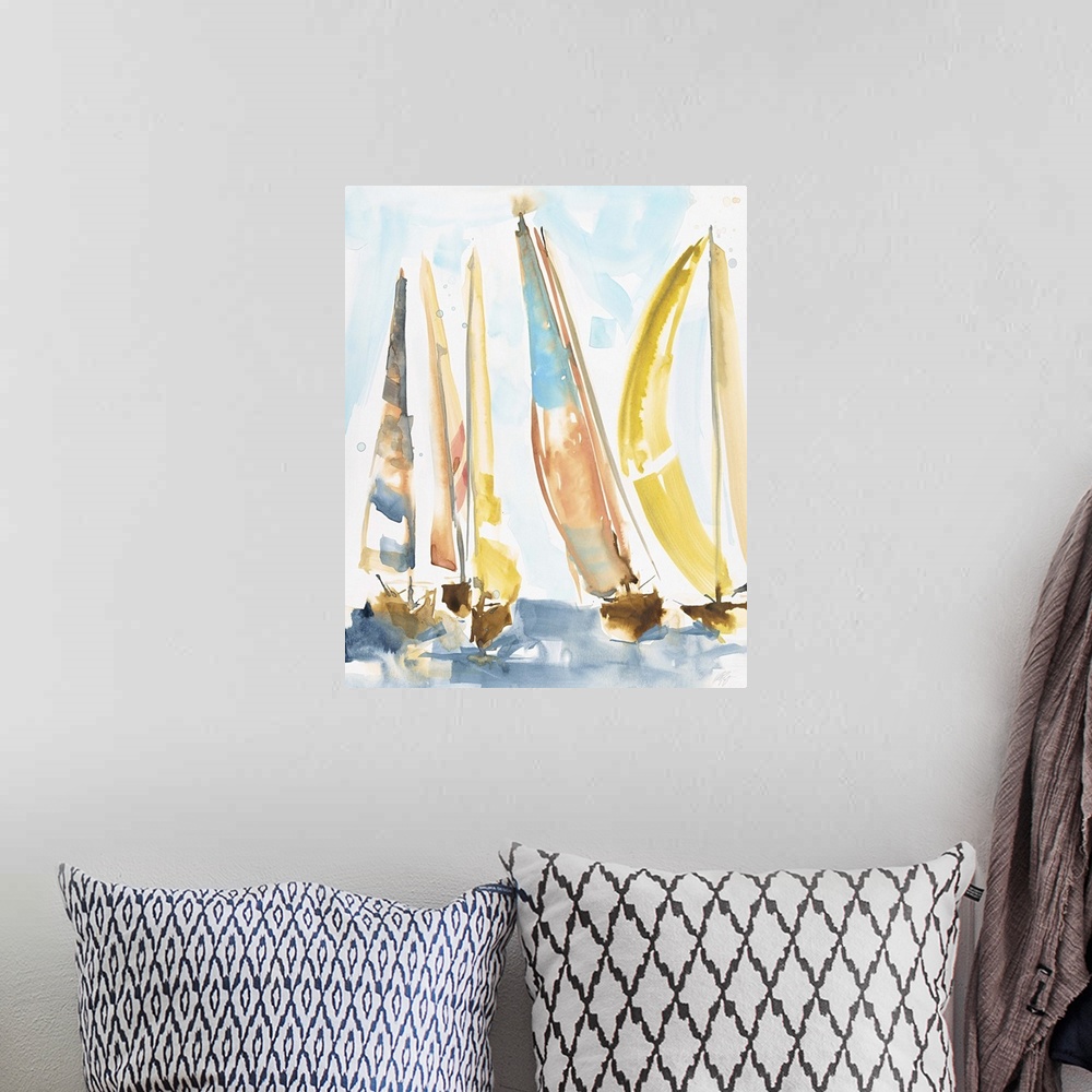 A bohemian room featuring Watercolor painting of a regatta of sailboats on the water.