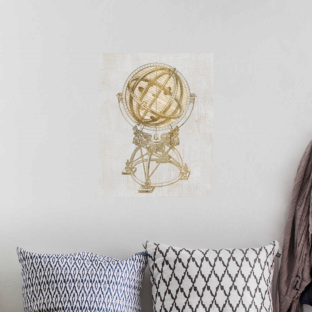 A bohemian room featuring Artwork of an antique old world globe, against a neutral background.