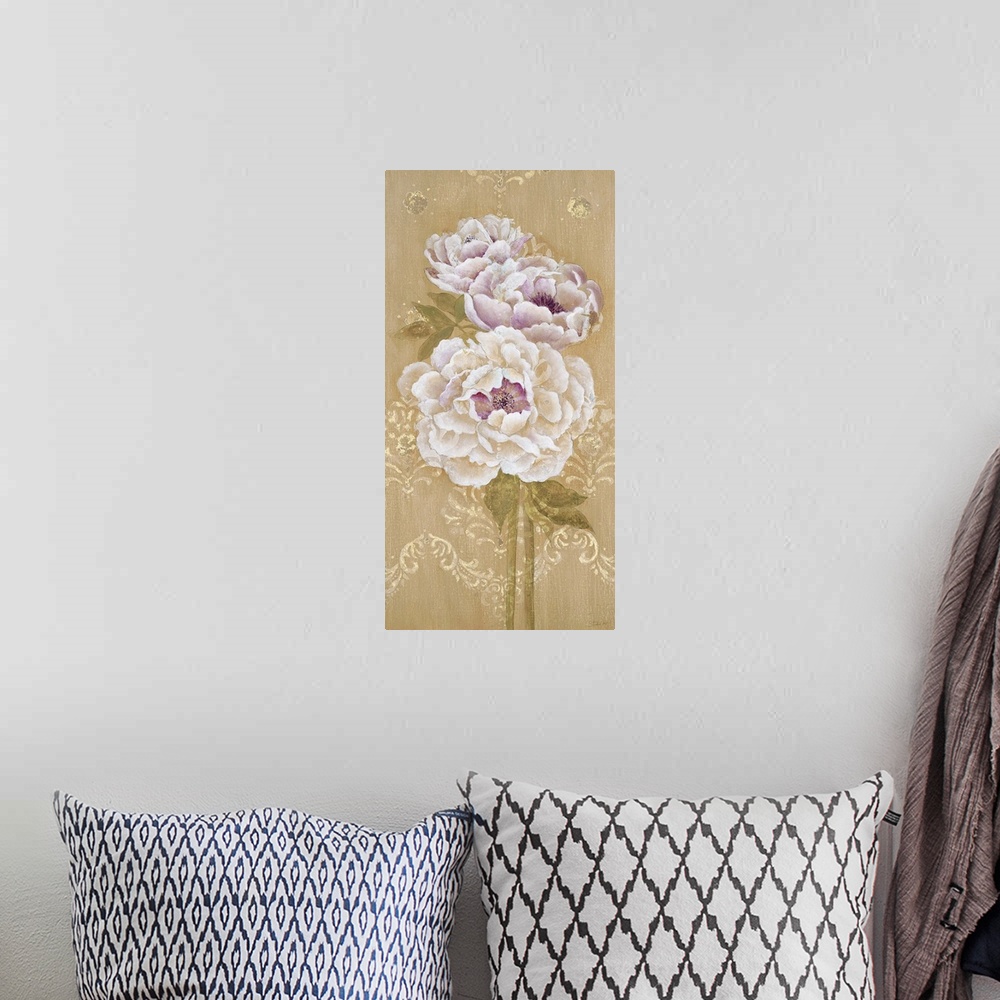 A bohemian room featuring Vintage illustration of white flowers with gold embellishments.