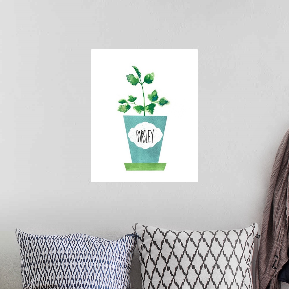 A bohemian room featuring Painting of a potted parsley plant on a solid white background with a label on the blue pot.