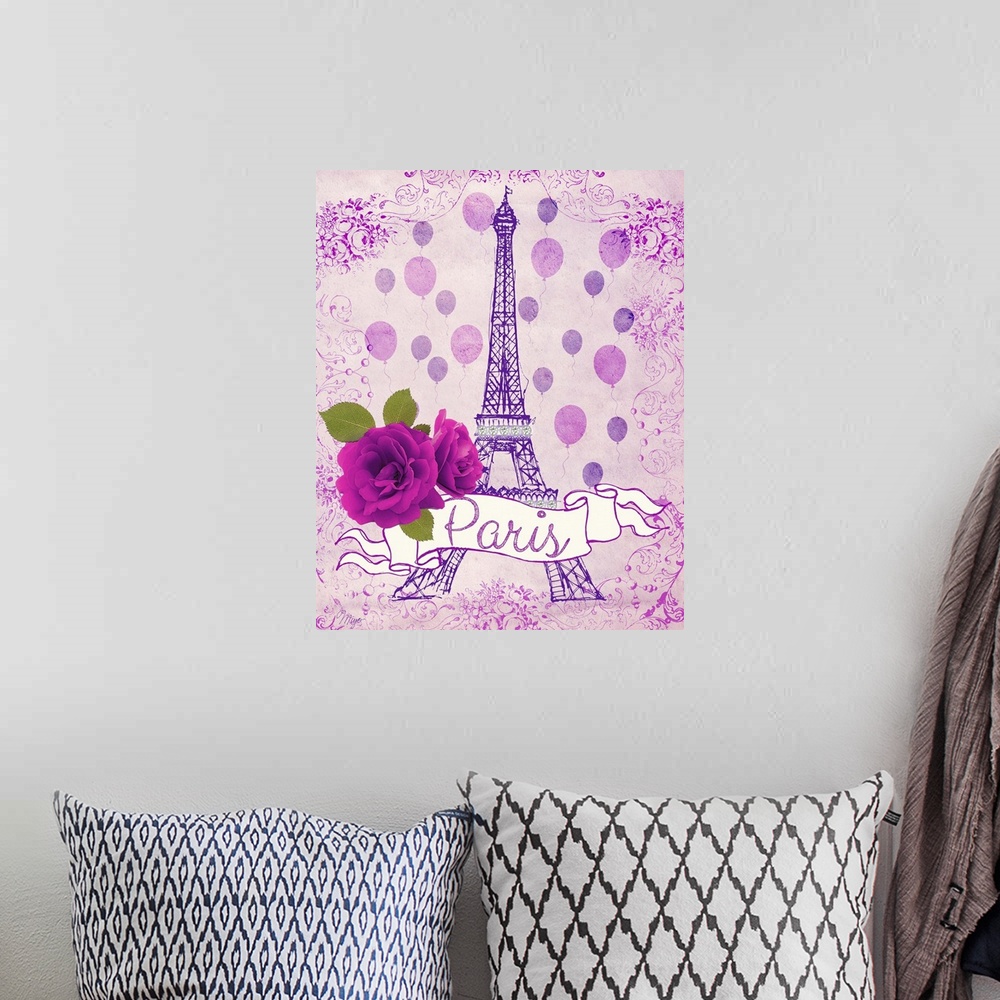 A bohemian room featuring Vibrant pink Paris themed home decor art of a purple Eiffel tower against a pink background wit a...