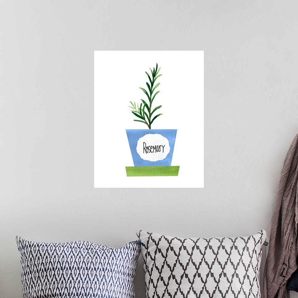 A bohemian room featuring Painting of a potted rosemary plant on a solid white background with a label on the blue pot.