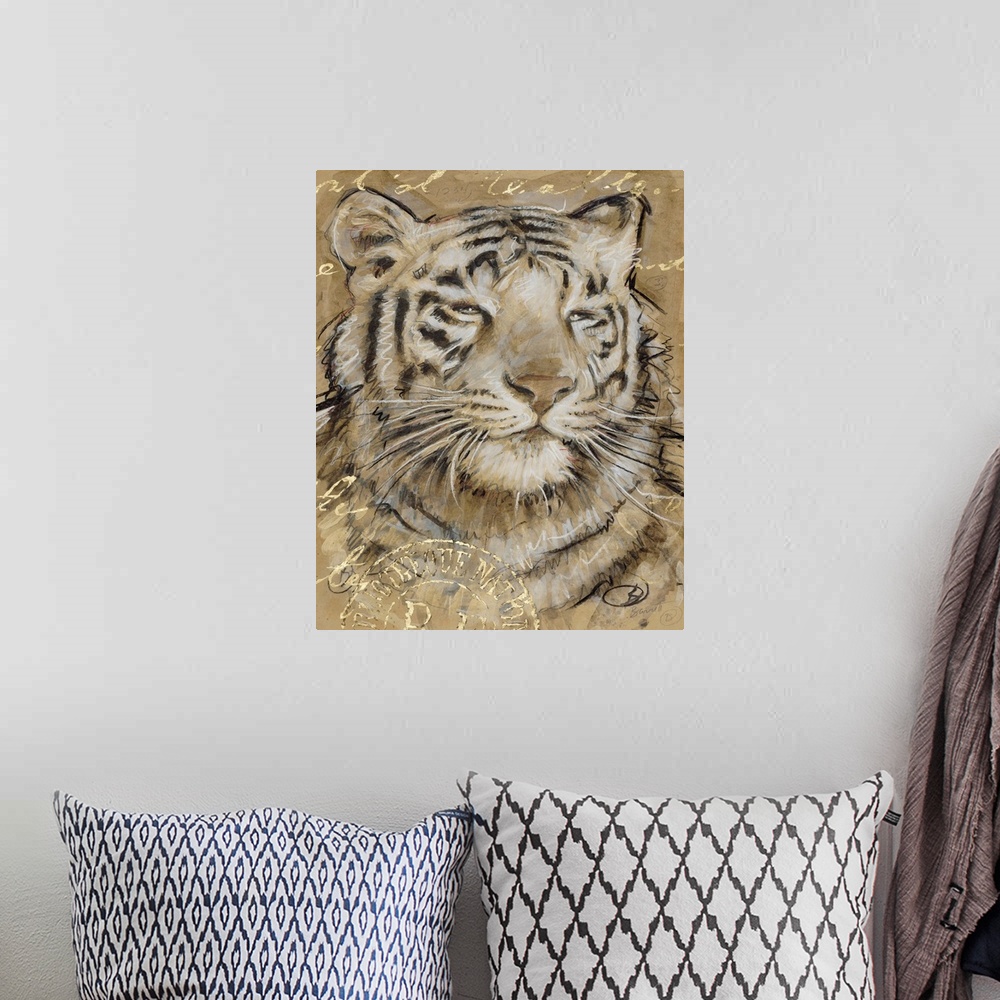 A bohemian room featuring Portrait of a tiger in brown tones with golden writing.