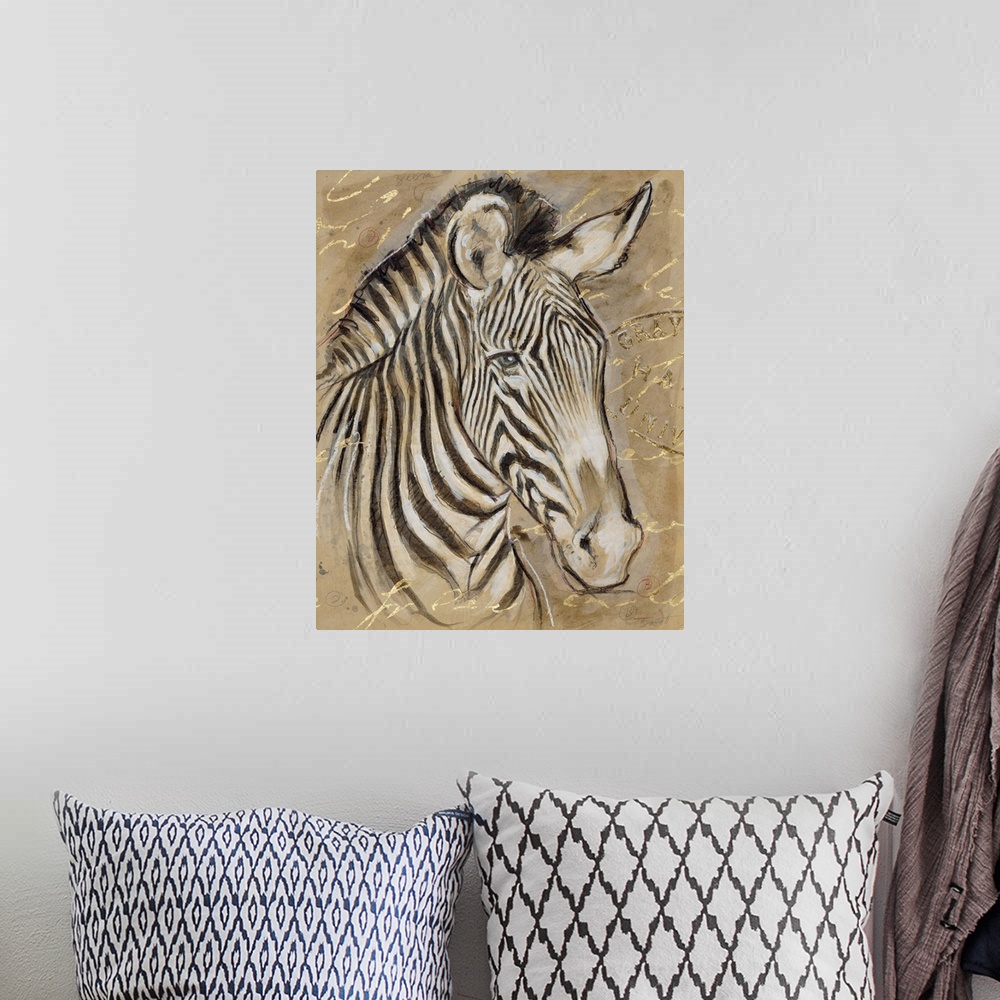 A bohemian room featuring Portrait of a zebra in brown tones with golden writing.