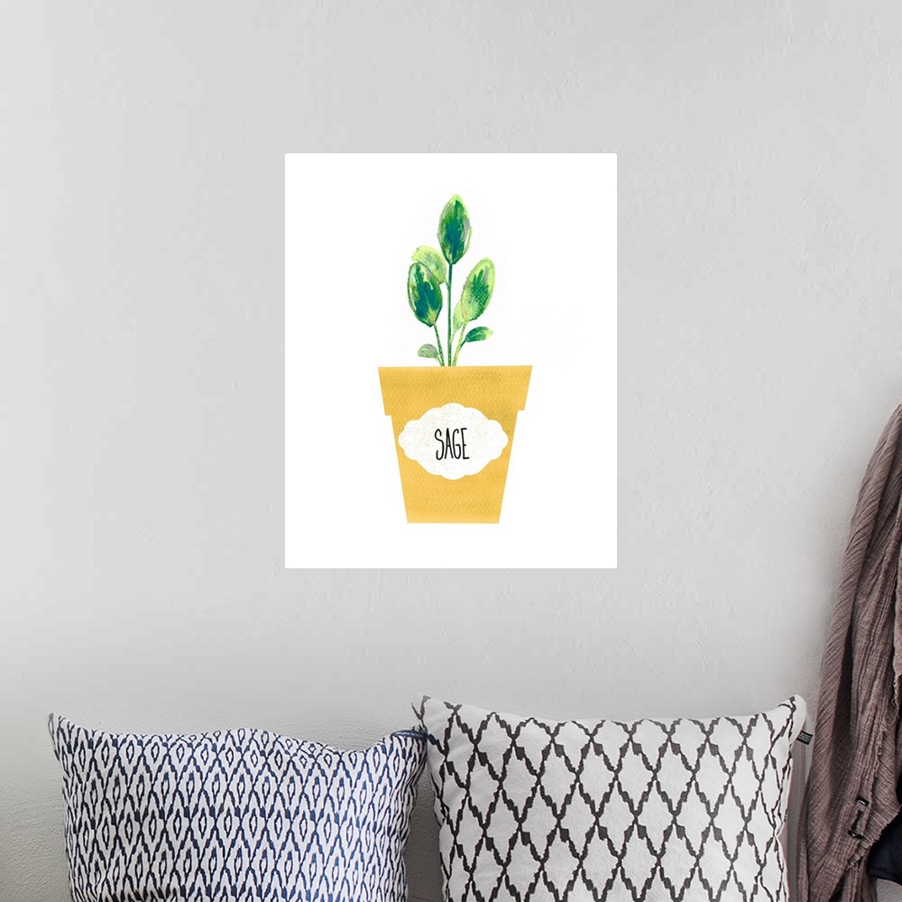 A bohemian room featuring Painting of a potted sage plant on a solid white background with a label on the yellow pot.