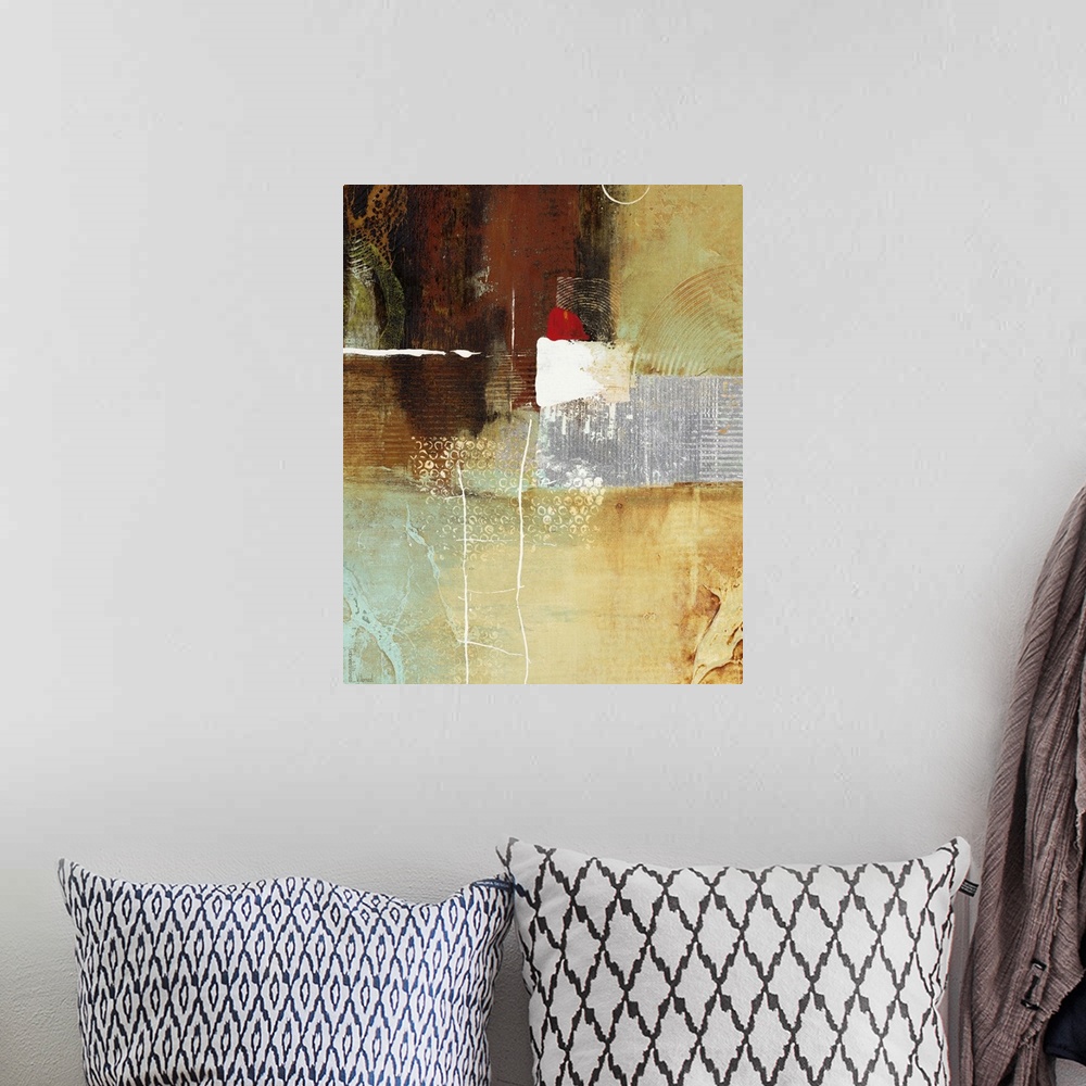 A bohemian room featuring Contemporary abstract artwork using warm and cool tones mixed different textures and shapes.