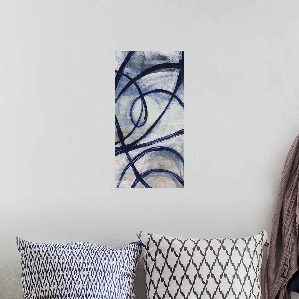 A bohemian room featuring Contemporary abstract painting using neutral tones and bold lines.