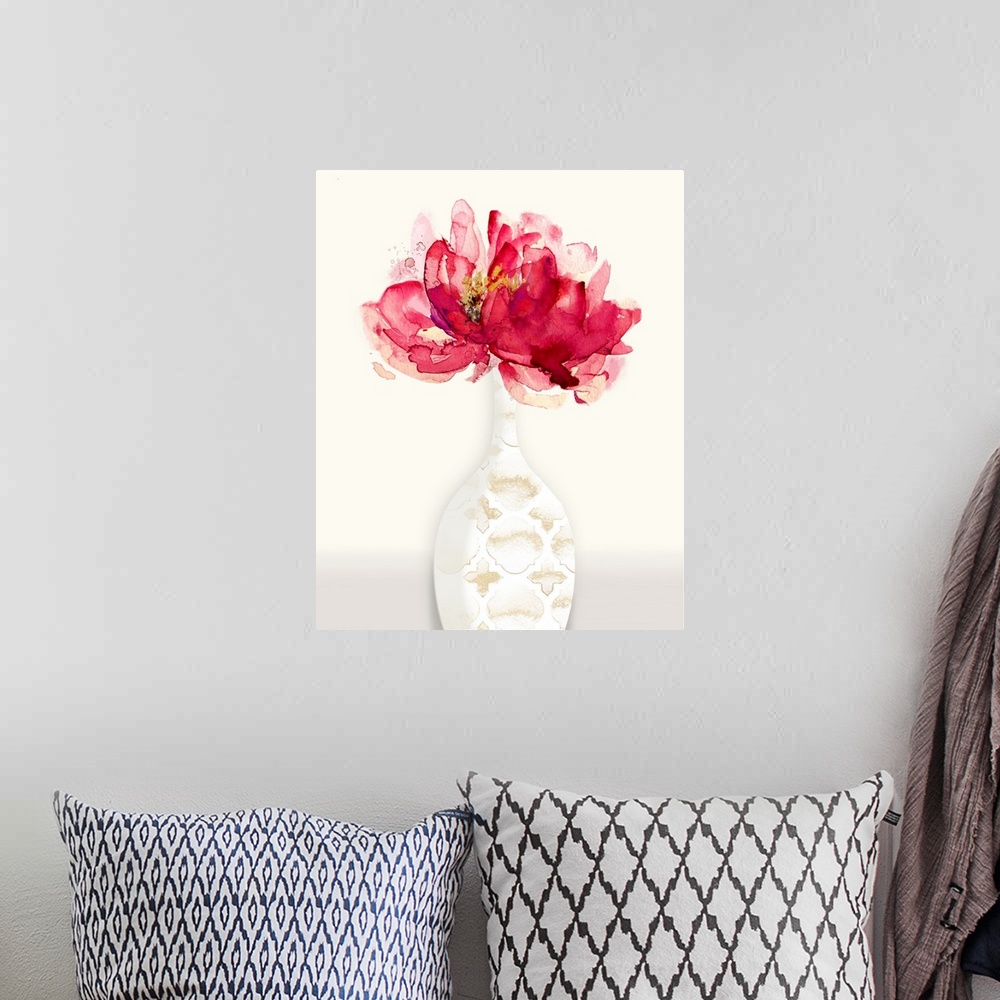 A bohemian room featuring Abstract painting of a red flower inside of a white vase with gold patterns on a cream colored ba...