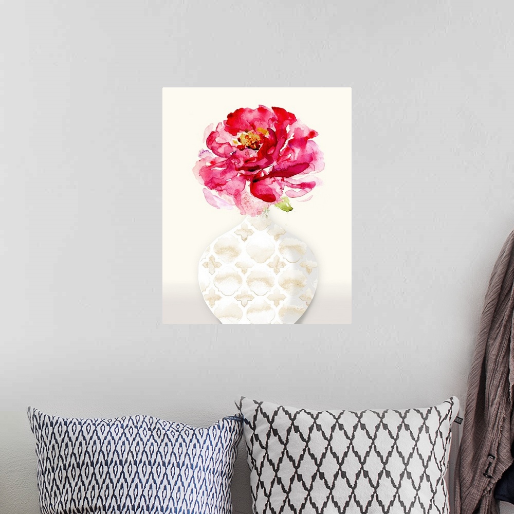 A bohemian room featuring Abstract painting of a red flower inside of a white vase with gold patterns on a cream colored ba...