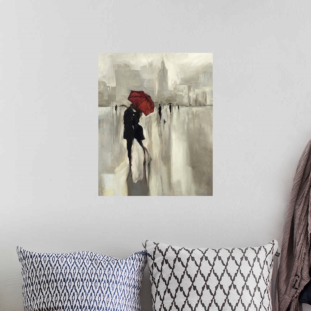 A bohemian room featuring Contemporary home decor painting of a silhouetted people under a red umbrella in a loving embrace.