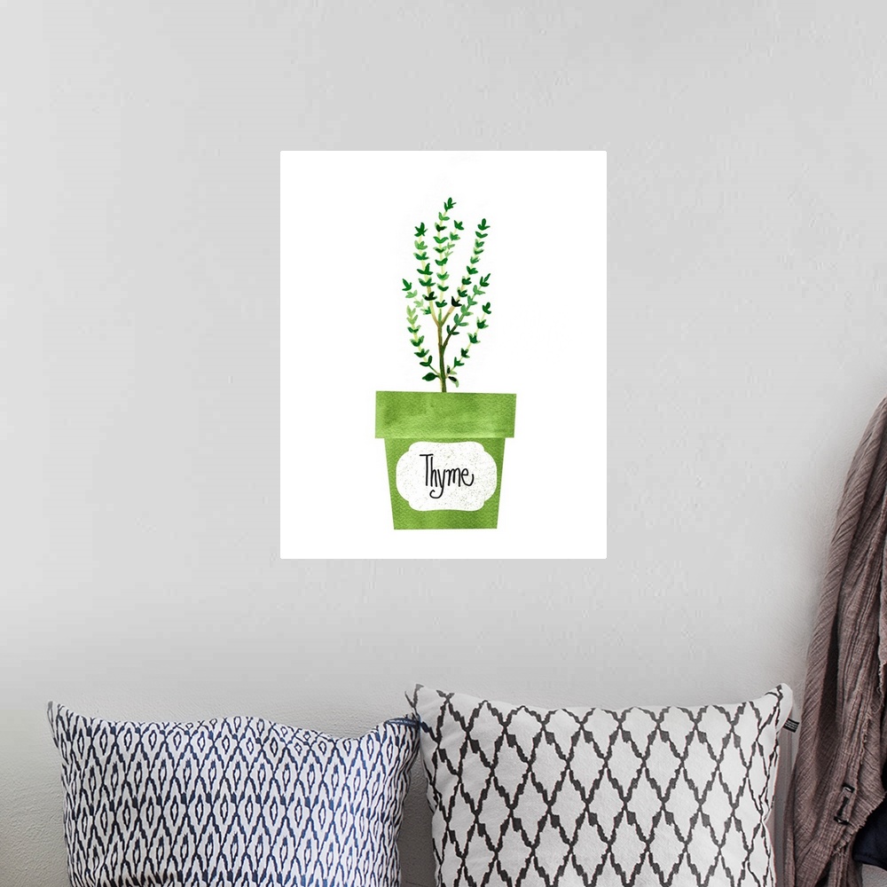A bohemian room featuring Painting of a potted thyme plant on a solid white background with a label on the green pot.