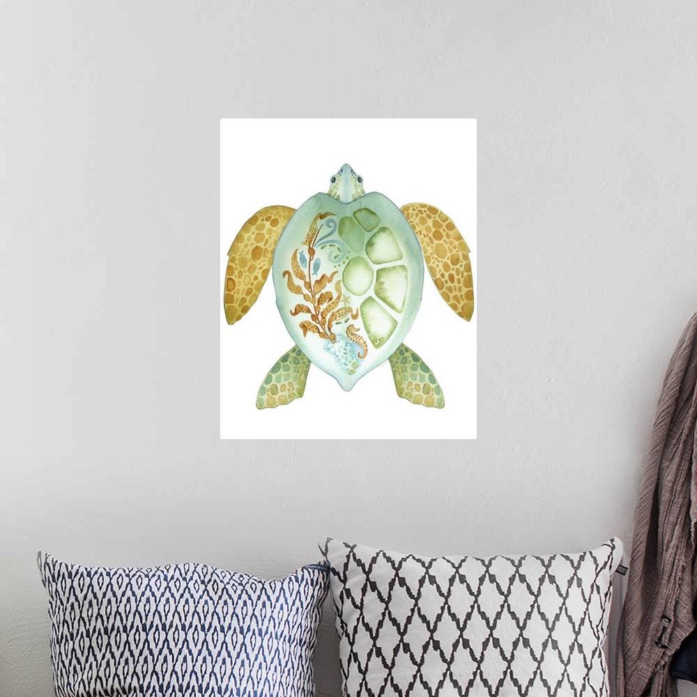 A bohemian room featuring Watercolor artwork of a sea turtle with a seaweed and fish design on its shell.