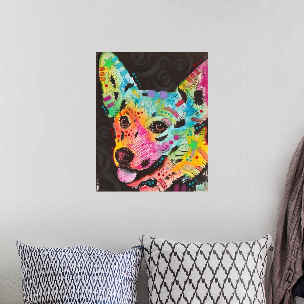 A bohemian room featuring Colorful painting of a Corgi with graffiti-like designs on a black background with faint white sw...