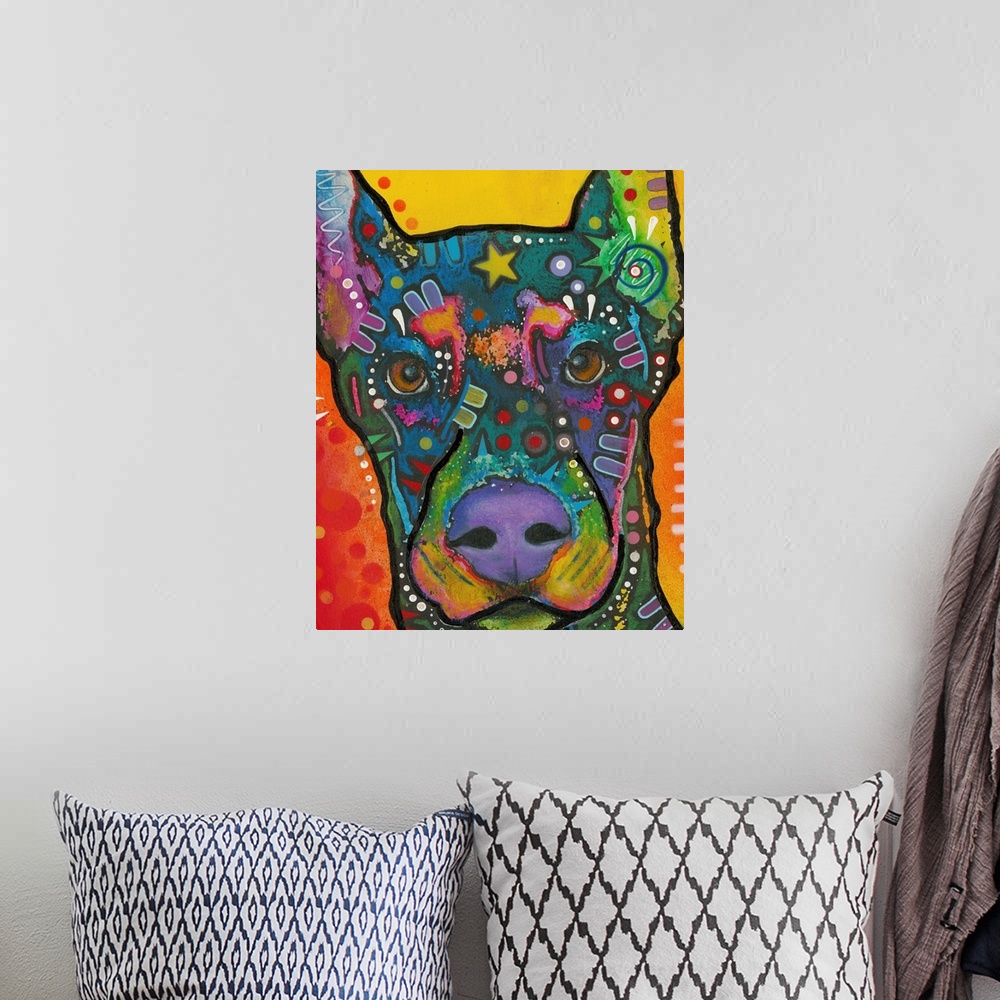 A bohemian room featuring Colorful painting of a dog with geometric abstract markings.