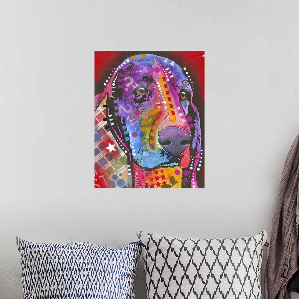 A bohemian room featuring Contemporary painting of a colorful Hound dog with geometric abstract designs all over on a red b...