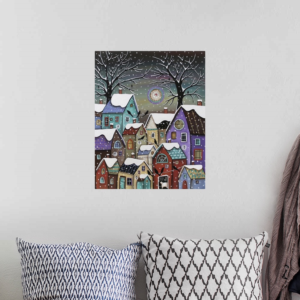 A bohemian room featuring Contemporary painting of a village made of different colored houses in the snow.
