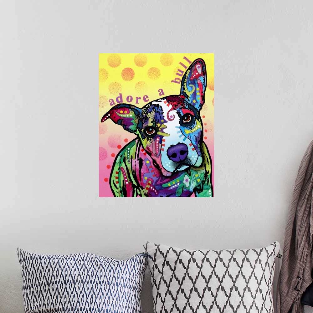 A bohemian room featuring dog, Adoreabull, Pit Bull,