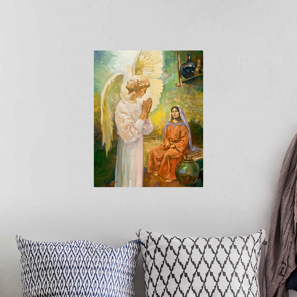 A bohemian room featuring An angel, making itself known to a woman.